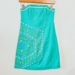Lilly Pulitzer Turquoise Embroidered Strapless Dress